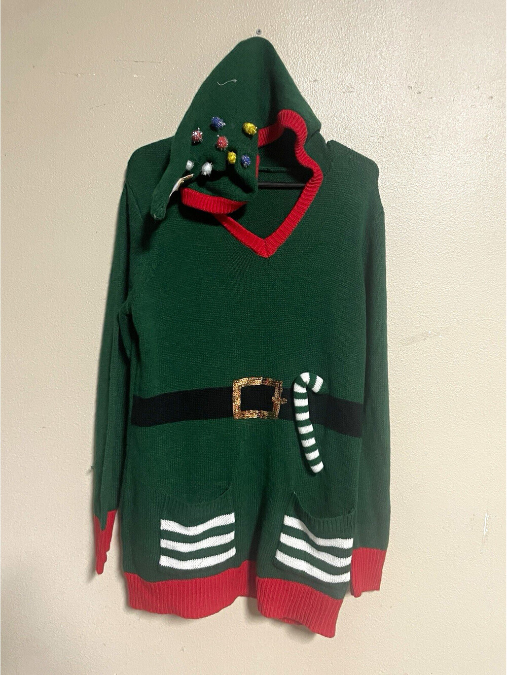 No Boundaries Elf Christmas Hooded Pullover Sweater Acrylic Green Red XXL/2XG